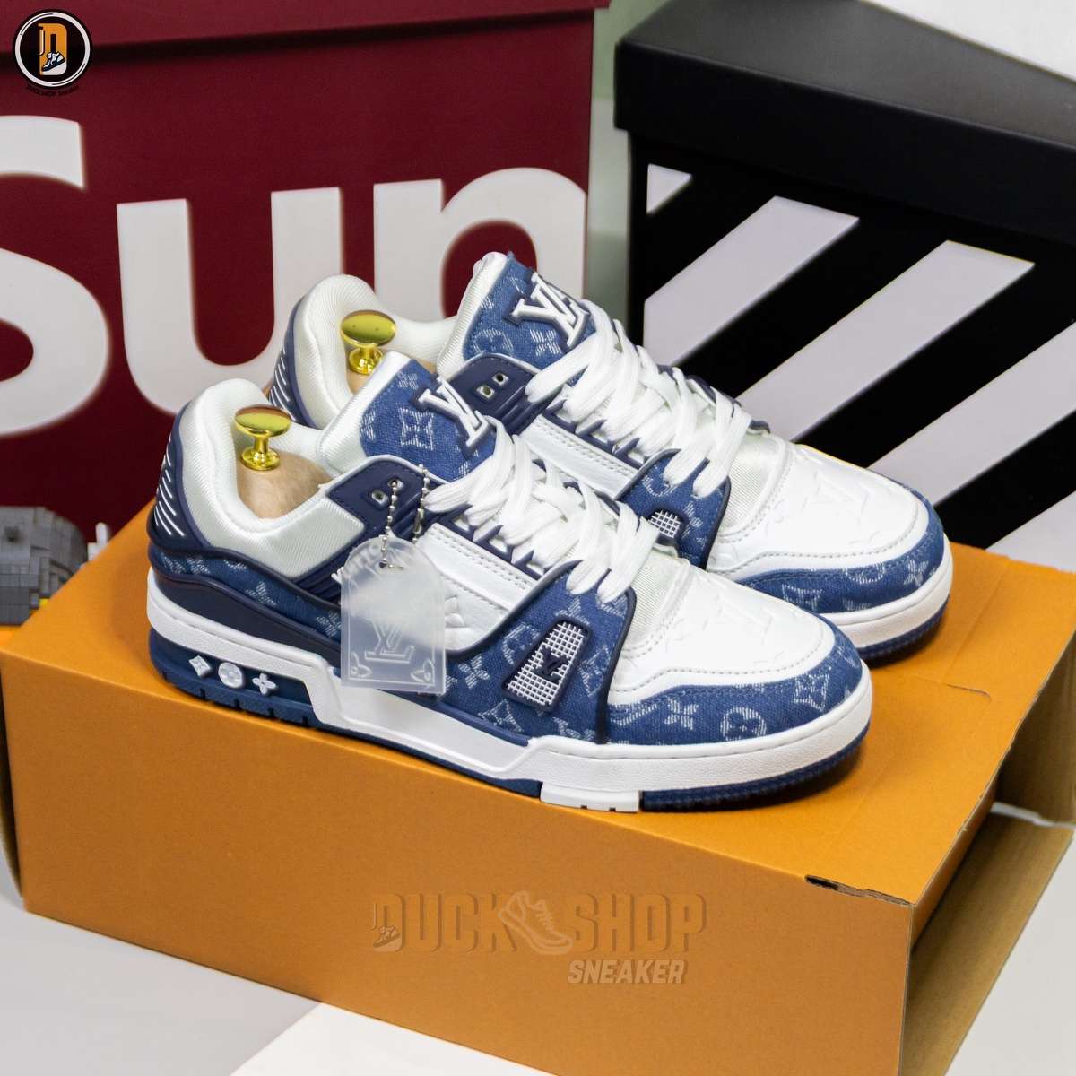 Giày Louis Vuitton LV Trainer Monogram Denim White Blue - Ảnh 2